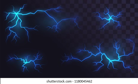 Set of electric lightning on a transparent background, blue flaming crevices