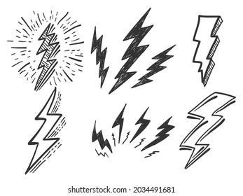 Set of electric lightning, thunder bolt in doodle style. isolated on white background. vector illustration