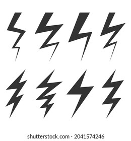 Set of electric lightning, thunder bolt in doodle style. isolated on white background. vector illustration