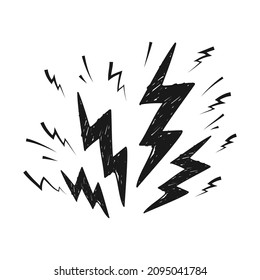 Set of electric lightning, thunder bolt in doodle style. isolated on white background. vector illustration