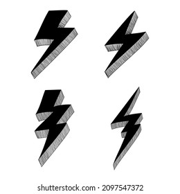 Set of electric lightning, thunder bolt in doodle style. isolated on white background. vector illustration