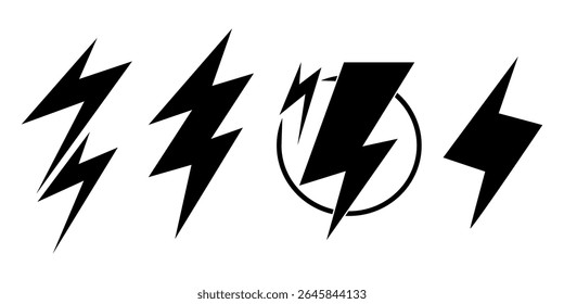 Set aus elektrischem Blitz, Donner-Blitz im Doodle-Stil. einzeln auf weißem Hintergrund. Vektorgrafik