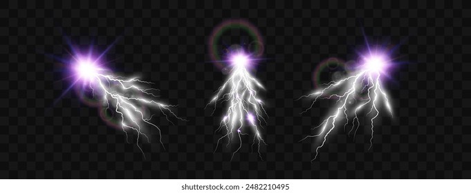 Set of electric lightning and thunderstorms. Light effect from rain.