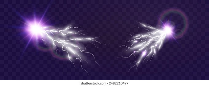 Set of electric lightning and thunderstorms. Light effect from rain.