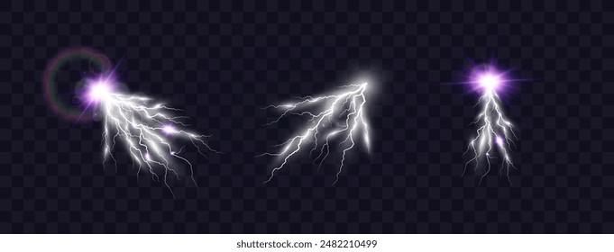 Set of electric lightning and thunderstorms. Light effect from rain.