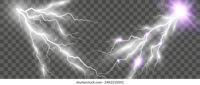 Set of electric lightning and thunderstorms. Light effect from rain.