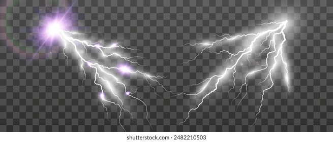 Set of electric lightning and thunderstorms. Light effect from rain.