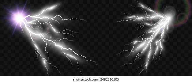 Set of electric lightning and thunderstorms. Light effect from rain.