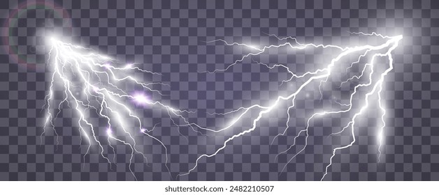 Set of electric lightning and thunderstorms. Light effect from rain.