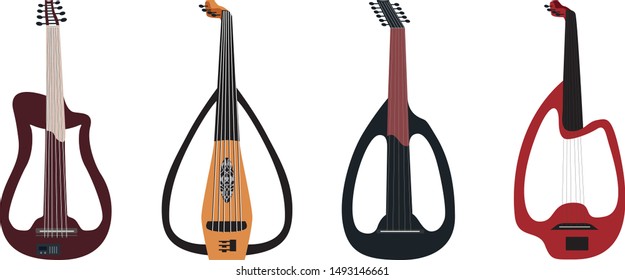 Set of Electric Lute Guitar Oud - Arabic, Oriental, Greek Music Instrument - Illustration Isolated Icon