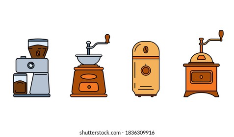 A set of electric and mechanical coffee grinders. Vector color outline icons.