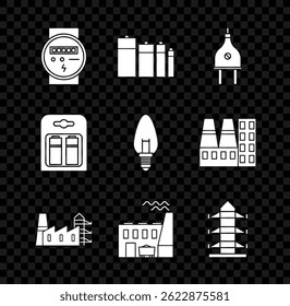 Ensemble Compteur électrique, Batterie, prise, Centrale et usine, Alimentation en charbon, Ligne polaire haute tension, pack et icône d'ampoule. Image vectorielle