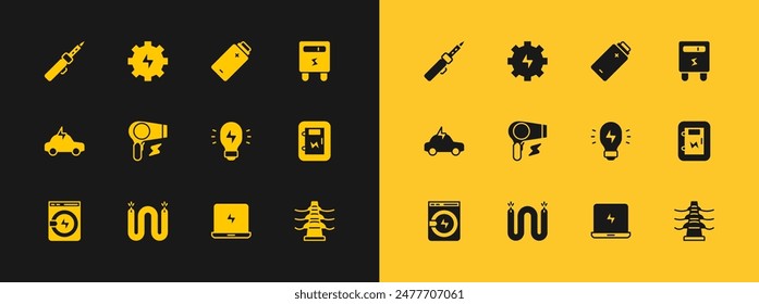 Set Electric meter, cable, Creative lamp light idea, Laptop, Hair dryer, Battery charge, Soldering iron and Gear and lightning icon. Vector