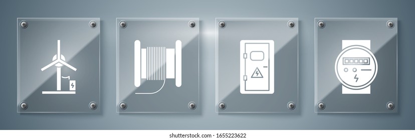 Set Electric meter, Electrical cabinet, Wire electric cable on a reel or drum and Wind turbine. Square glass panels. Vector