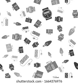 Set Electric meter, Electrical panel, Light bulb and Electric extension cord on seamless pattern. Vector