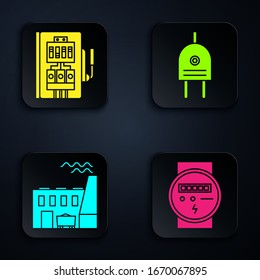 Set Electric meter, Electrical panel, Coal power plant and factory and Electric plug. Black square button. Vector