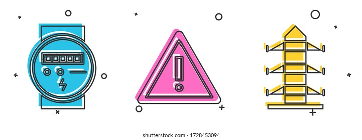 Set Electric meter, Exclamation mark in triangle and High voltage power pole line icon. Vector