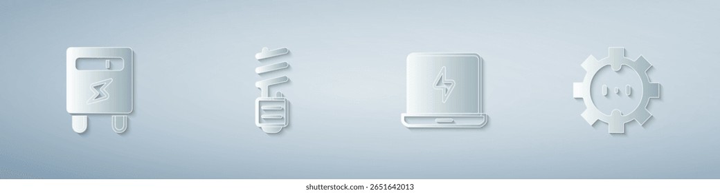 Set Electric meter, LED light bulb, Laptop and Electrical outlet. Paper art style. Vector