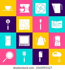 Set Electric mixer, Blender, Cookbook, Ventilation, stove, Pizza knife, Coffee cup and Spoon icon. Vector