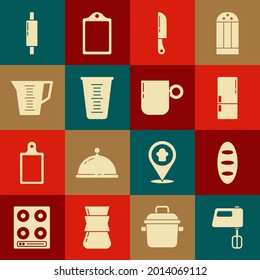 Set Electric mixer, Bread loaf, Refrigerator, Knife, Measuring cup, Rolling pin and Coffee icon. Vector