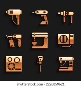 Set Electric mixer, Construction jackhammer, Sewing machine, Air conditioner, Gas stove and Nail gun icon. Vector