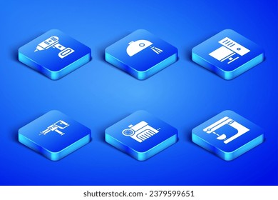 Set Elektrischer Mixer, schnurloser Schraubendreher, Luftkompressor, Rotary Hammer Bohrmaschine und Computermonitor Symbol. Vektorgrafik