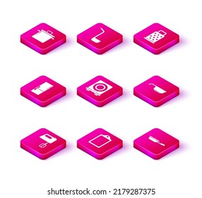 Set Electric mixer, Cutting board, Refrigerator, stove, Frying pan, Grater and Kitchen ladle icon. Vector