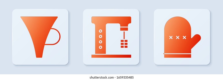 Set Electric mixer, Funnel or filter and Oven glove. White square button. Vector