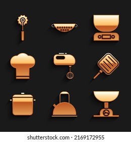 Set Electric mixer, Kettle with handle, Electronic scales, Frying pan, Cooking pot, Chef hat,  and Pizza knife icon. Vector