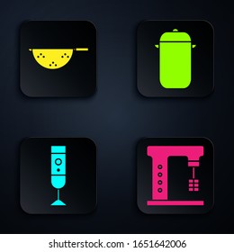 Monte el mezclador eléctrico, el colador de cocina, el Blender y la olla de cocina. Botón cuadrado negro. Vector