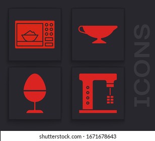 Set Electric mixer, Microwave oven, Sauce boat and Chicken egg on a stand icon. Vector