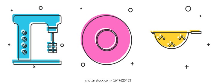 Set Electric Mixer, Plate and Kitchen Colander Symbol. Vektorillustration