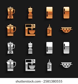 Set Electric mixer, Refrigerator, Kitchen colander, Sauce bottle, Teapot, Blender and Pepper icon. Vector