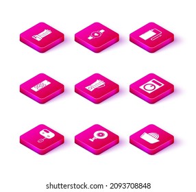 Set Electric Mixer, cámara web, control remoto, Blender, juicer de frutas de cítricos, banco de energía con cable de carga diferente y reloj inteligente que muestra el icono de ritmo de latido cardíaco. Vector