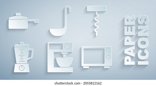 Set Electric mixer, Wine corkscrew, Blender, Microwave oven, Kitchen ladle and Frying pan icon. Vector