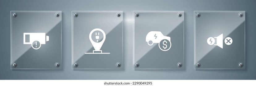 Set Electric motor, car price, Charging parking electric and Low battery. Square glass panels. Vector