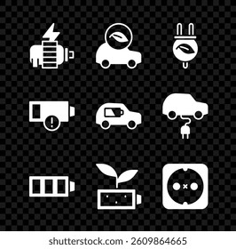 Set Electric motor, Eco car, saving plug in leaf, Battery charge, nature battery, Electrical outlet, Low and  icon. Vector