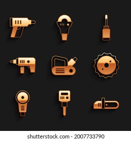 Set Electric planer tool, Construction jackhammer, Chainsaw, Circular blade, Angle grinder, drill machine, Screwdriver and cordless screwdriver icon. Vector