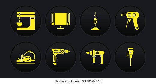 Set Electric planer tool, hot glue gun, drill machine, Vacuum cleaner and Smart Tv icon. Vector
