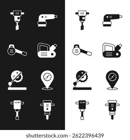 Set Electric planer tool, Leaf garden blower, Electrical hand concrete mixer, sander, Table saw for woodwork, Circular blade, Construction jackhammer and  icon. Vector