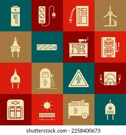 Set Electric plug, Ampere meter, multimeter, voltmeter, Electrical panel, Battery, extension cord,  and Diesel power generator icon. Vector