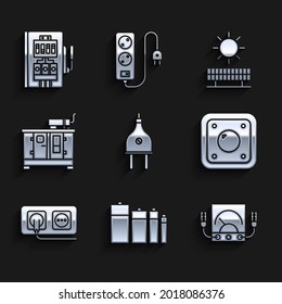 Set Electric plug, Battery, Ampere meter, multimeter, voltmeter, light switch, Electrical outlet, Diesel power generator, Solar energy panel and sun and  icon. Vector