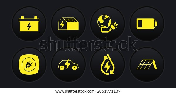 Set Electric\
plug, Battery, car, Water energy, Global power planet, Solar panel,\
 and Car battery icon.\
Vector