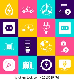 Set Electric plug, Battery, Electrical outlet, Wind turbine, car, Water energy and  icon. Vector