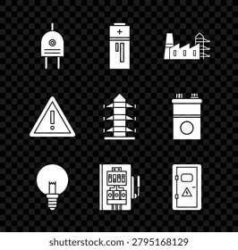 Set Electric plug, Battery, Power station plant and factory, Light bulb, Electrical panel, cabinet, Exclamation mark triangle and High voltage power pole line icon. Vector
