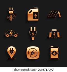 Set Electric plug, Bio fuel barrel, Hydroelectric dam, car, Solar energy panel and saving in leaf icon. Vector