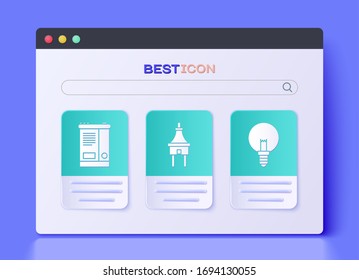 Set Electric plug, Car battery and Light bulb icon. Vector