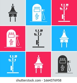 Set Electric plug, Electric car charging station and High voltage power pole line icon. Vector
