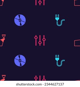 Set Electric plug, CD or DVD disk, Music equalizer and Movie spotlight on seamless pattern. Vector