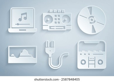 Set Electric plug, CD or DVD disk, Music wave equalizer, Home stereo with speakers, DJ remote and mixing music and Laptop note icon. Vector